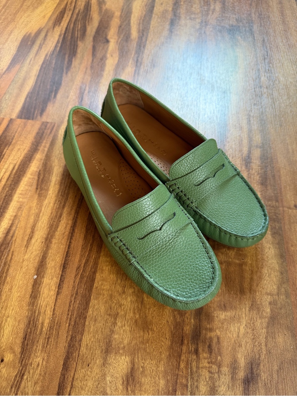 Green Leather Penny Loafers Moccasins - Classic Slip-On for Women